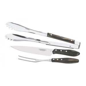 Conjunto Churrasco Tramontina Polywood Inox 1 Faca 1 Garfo 1 Pegador de Churrasco 3 Peças