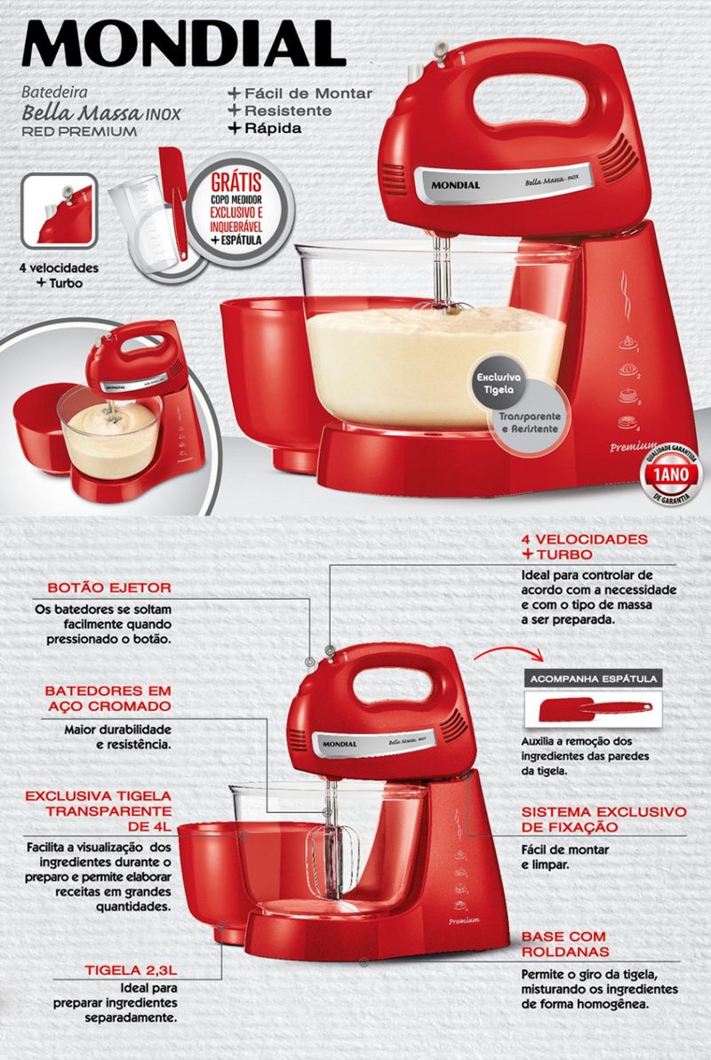 BATEDEIRA-MONDIAL-BELLAMASSA-B29NP-VERMELHA-110V