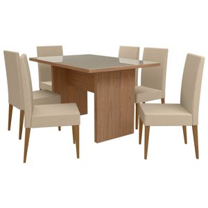 Mesa de Jantar 6 Lugares Oeste Móveis Atenas Tampo de Vidro Com 6 Cadeiras Texas Mel Louro e Branco