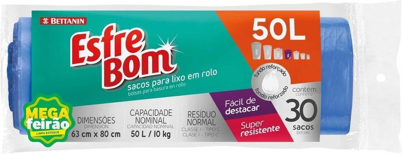 Saco-Para-Lixo-Esfrebom-Bettanin-em-Rolo-Fundo-Reforcado-Super-Resistente-50L-Pacote-com-30-Sacos