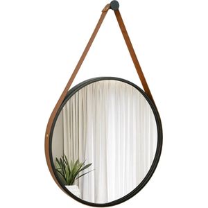 Espelho Decorativo E2G Adnet Design Redondo Preto Com Alça Corino Caramelo 50cm