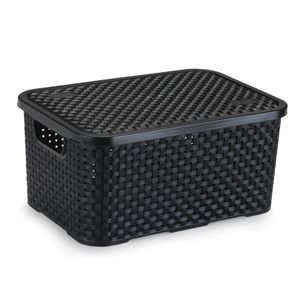 Cesto Organizador Rattan Nitron Médio Preto com Tampa 8,5L