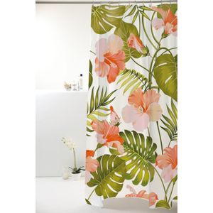 Cortina Box de Banheiro Uzoo Poliester Natural Folha e Flor Verde 1,98x1,80m