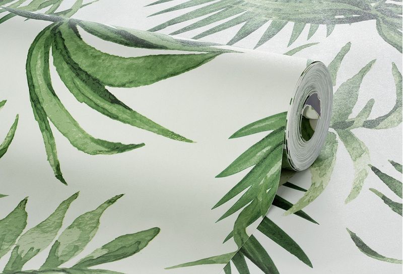 Papel-de-Parede-Bobinex-1554-Paisagem-Tropical-Verde-e-Branco