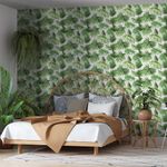 Papel-de-Parede-Bobinex-1554-Paisagem-Tropical-Verde-e-Branco