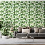 Papel-de-Parede-Bobinex-1554-Paisagem-Tropical-Verde-e-Branco