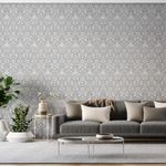 Papel-de-Parede-Bobinex-6917-Arabesco-Metalizado-Cinza-e-Branco