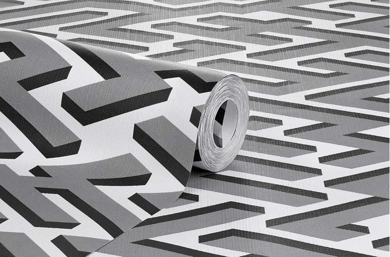 Papel de Parede Bobinex 7256 Geométrico Labirinto Cinza e Preto