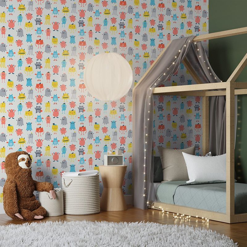 Papel-de-Parede-Bobinex-7429-Monstrinhos-Vermelho-e-Cinza