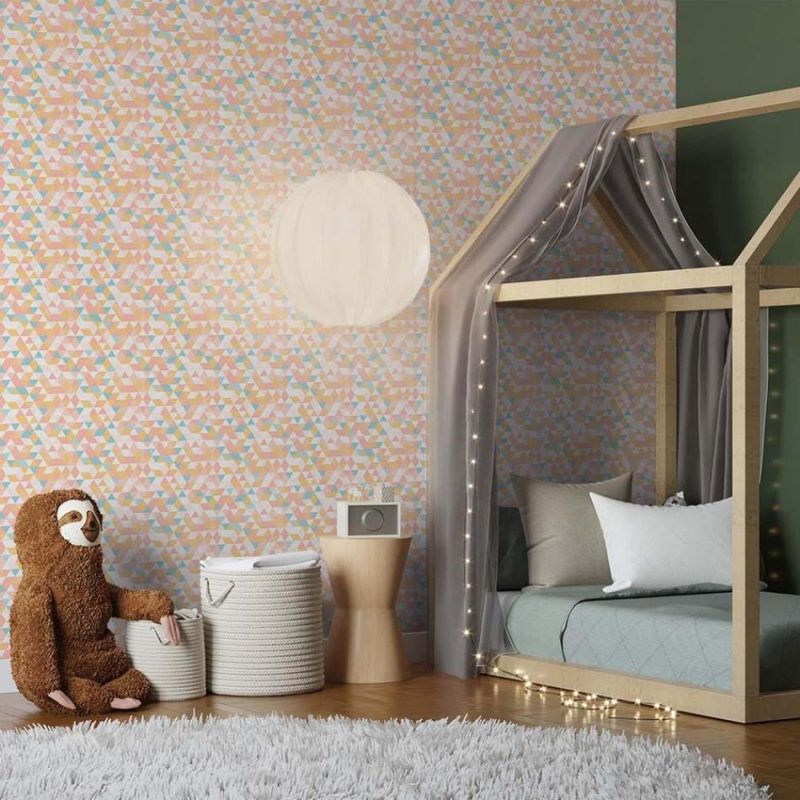 Papel-de-Parede-Bobinex-7486-Mosaico-Triangulos-Laranja-e-Rosa