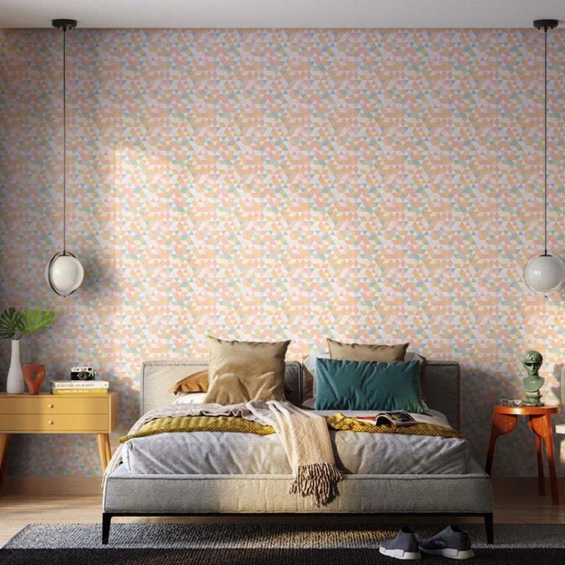 Papel-de-Parede-Bobinex-7486-Mosaico-Triangulos-Laranja-e-Rosa