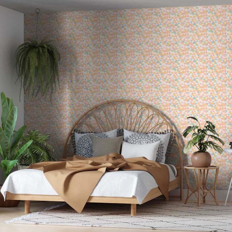 Papel-de-Parede-Bobinex-7486-Mosaico-Triangulos-Laranja-e-Rosa