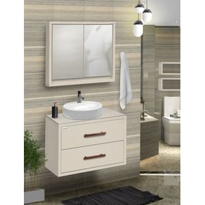 Conjunto de Móveis Para Banheiro Fabribam Lorena 70cm Nude com Tampo de Vidro Gabinete Espelheira e Cuba de Sobrepor Oval
