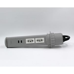 Mini Totem Torre Tomada Dutotec Para Mesa Manual 2 Tomadas Elétrica 10A + 2 Usb Cinza