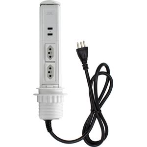 Mini Totem Torre Tomada Dutotec Para Mesa Manual 2 Tomadas Elétrica 10A + 2 Usb Branco