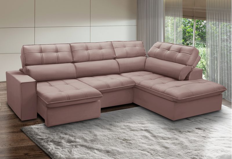 Sofá 4 Lugares Retrátil e Reclinável Arezzo com Chaise Direito Ferguile Rose