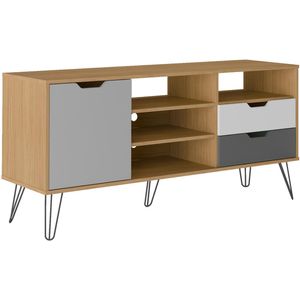 Rack Para TV até 60" Polegadas 1 Porta 2 Gavetas 4 Nichos Estocolmo Artely Carvalho e Grafite e Branco e Prata 140cm