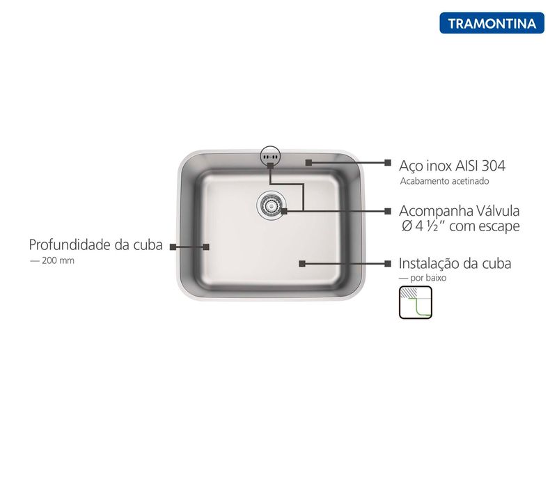 Cuba-de-Embutir-Para-Cozinha-Tramontina-em-Aco-Inox-Dora-50-BL-R6Acetinado-com-Valvula-e-Escape-50x40cm