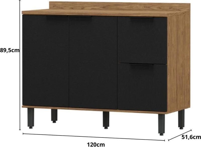 Balcao-de-Pia-120cm-3-Gavetas-2-Portas-100--Mdf-Toscana-Mx-Moveis-BTO03-Freijo-e-Nero