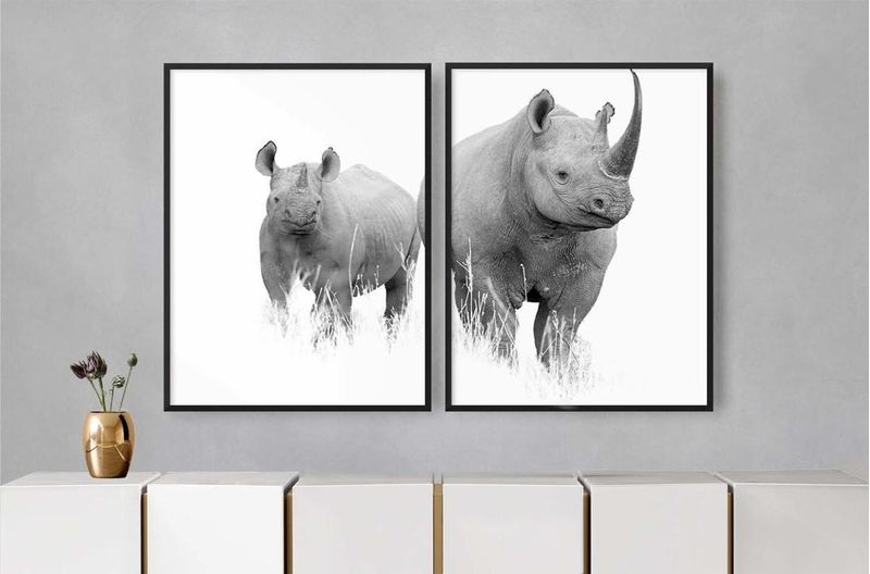 Quadro Decorativo Rinocerontes Preto e Branco Illuminato Kit com 2 Unidades-ns_170515_1