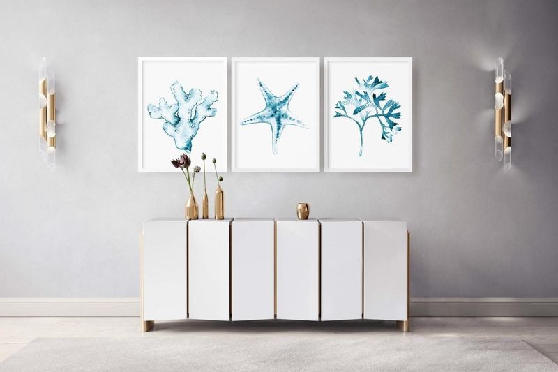 Quadro-Decorativo-Illuminato-Corais-e-Estrela-do-Mar-Aquarela-Azul-Kit-com-3-Pecas