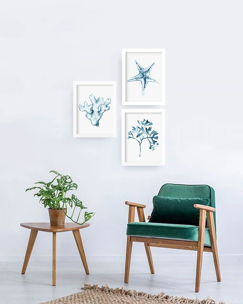QUADRO-DECORATIVO-ILLUMINATO-CORAIS-E-ESTRELA-DO-MAR-AQUARELA-AZUL-KIT-COM-3-PECAS