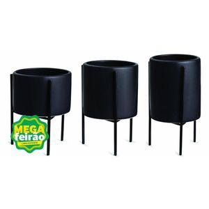 Vaso Decorativo Cachepot Mart Collection com Suporte Metal Preto Kit com 3 Peças