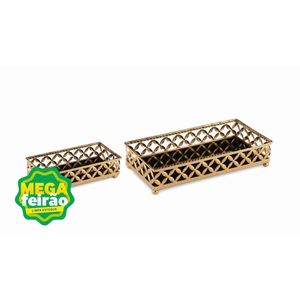 Bandeja Mart Collection Metal com Vidro Preto 2 Peça Dourado