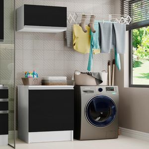 Kit Área de Serviço Madesa Topazio 60 cm com Armário e Balcão Branco/Preto