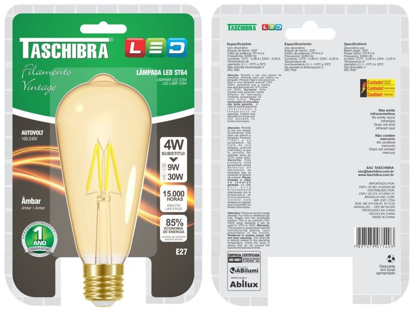 LAMPADA-LED-TASCHIBRA-FILAMENTO-VINTAGE-AMBAR-ST64-4W-AUTOVOLT