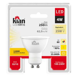 Lâmpada LED Direcional Gu10 4W 3000K Branca Morna Kian Bivolt