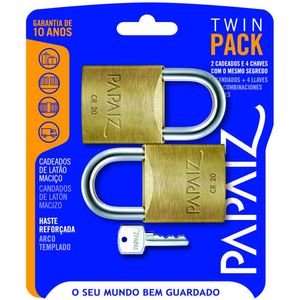 Cadeado Papaiz CR20 KA2 Sm 20Mm Twin Pack Latão Kit com 2 Unidades