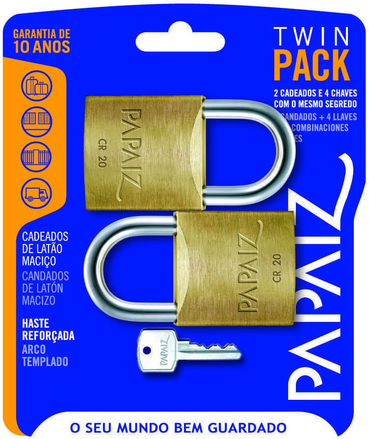 Cadeado-Papaiz-CR20-KA2-Sm-20Mm-Twin-Pack-Latao-Kit-com-2-Unidades