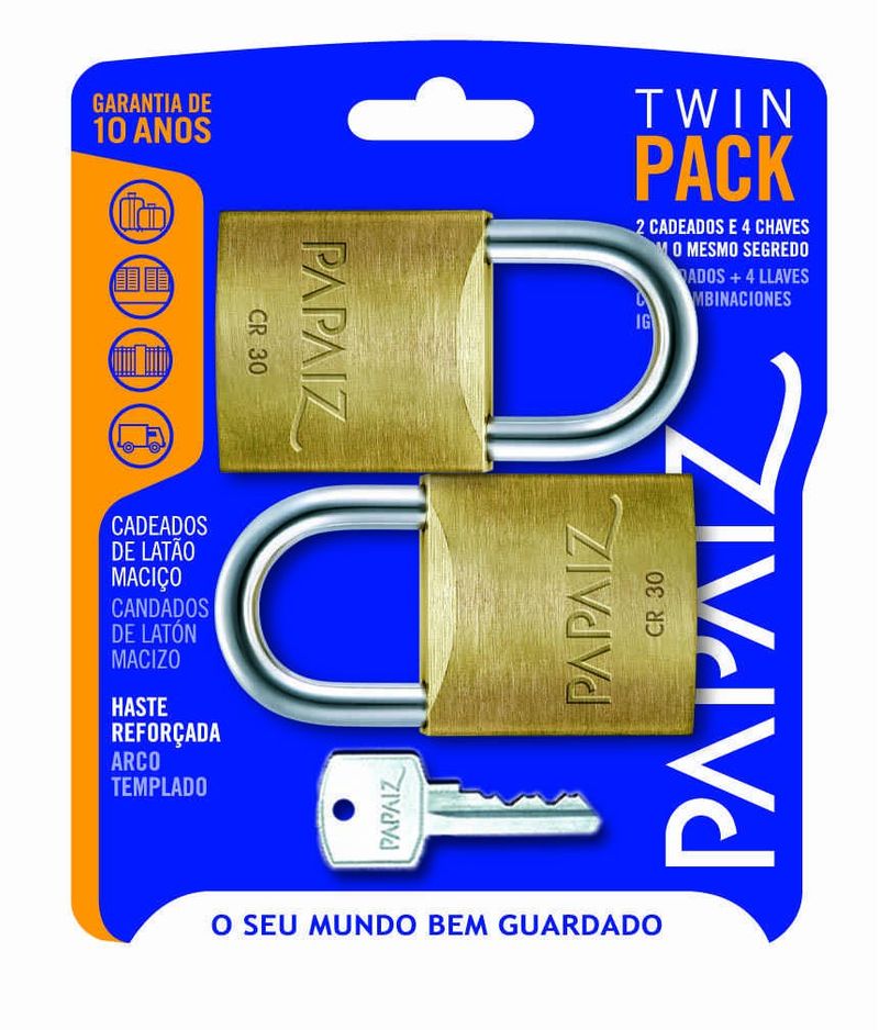 Cadeado-Papaiz-CR30-KA2-Sm-30Mm-Twin-Pack-Latao-Kit-com-2-Unidades