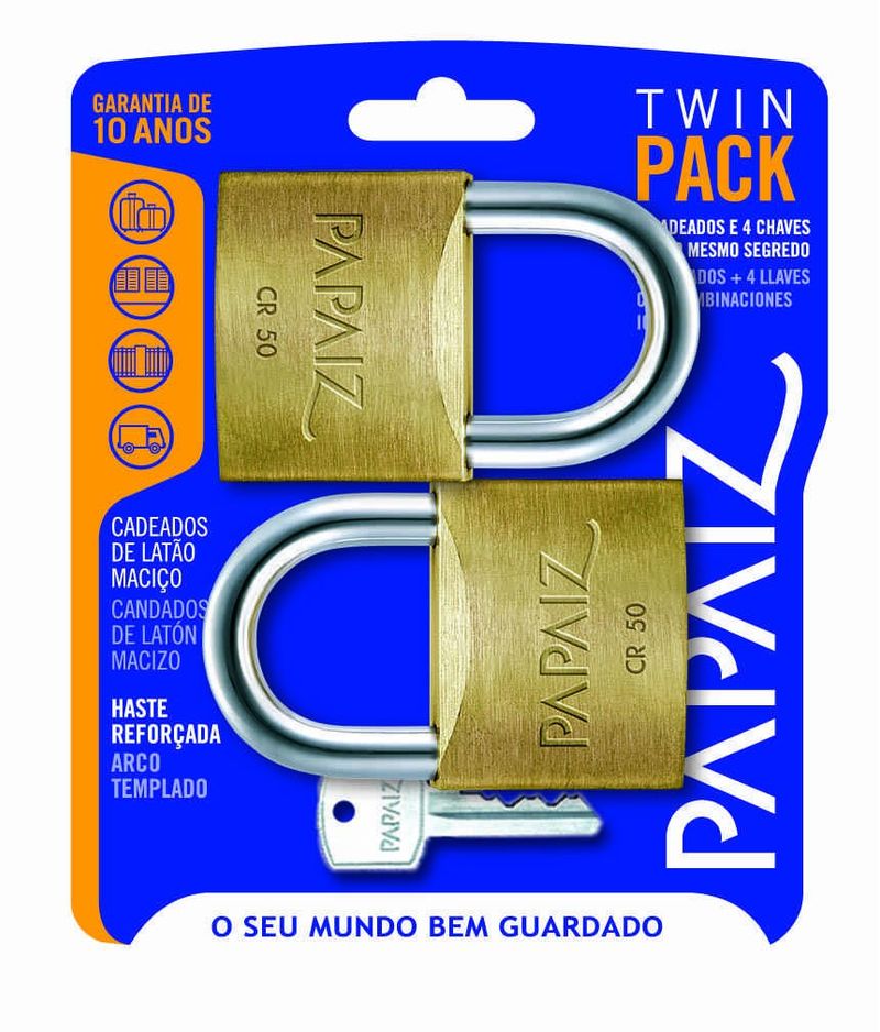 Cadeado-Papaiz-CR50-KA2-Sm-50Mm-Twin-Pack-Latao-Kit-com-2-Unidades
