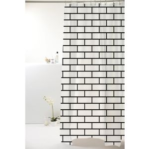 Cortina Box de Banheiro Uzoo Poliester Textura Tijolo Preto e Branco 1,98x1,80m