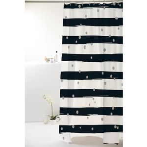 Cortina Box de Banheiro Uzoo Pvc Metalizada Listra e Poa Preto e Prata 1,98x1,80m