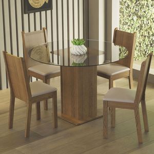 Conjunto Sala de Jantar Madesa Débora Mesa Tampo de Vidro Redondo 4 Cadeiras Rustic/Bege