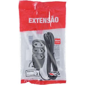 Extensão Elétrica Force Line 3 Tomadas Slim Bipolar Preto 10A 3m