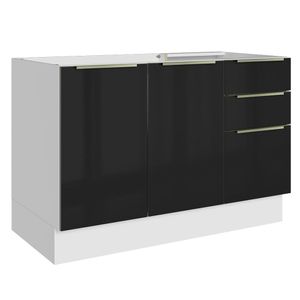 Balcão Gabinete de Pia Madesa Lux 120 cm 2 Portas 3 Gavetas (Sem Tampo) Branco/Preto
