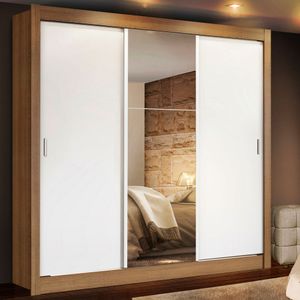 Guarda-Roupa Casal Madesa Lyon 3 Portas de Correr com Espelho 2 Gavetas Rustic/Branco