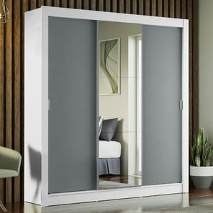 Guarda-Roupa Casal Madesa Mônaco 3 Portas de Correr com Espelho Branco/Cinza