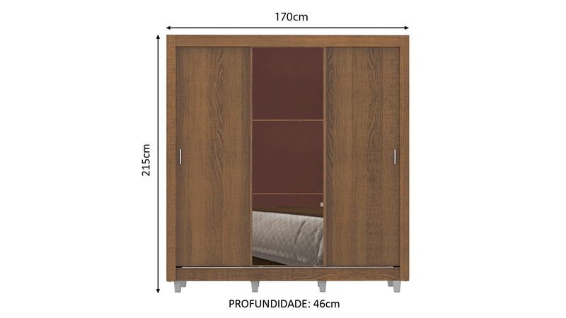 Guarda Roupa Casal Armário Roupeiro 170 cm 3 Portas Espelho 5 Prateleiras  Quarto Marrom Nogal