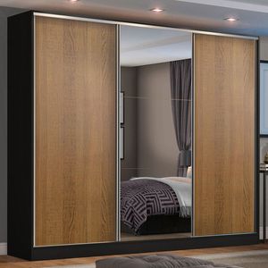 Guarda-Roupa Casal 100% MDF Madesa Zurique 3 Portas de Correr com Espelho Preto/Rustic