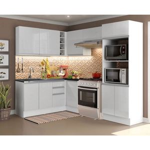 Armário de Cozinha Completa de Canto 100% MDF 419cm Frentes Branco Brilho Acordes Madesa XAXA01