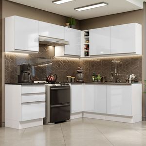 Armário de Cozinha Completa de Canto 100% MDF 409cm Frentes Branco Brilho Acordes Madesa 01