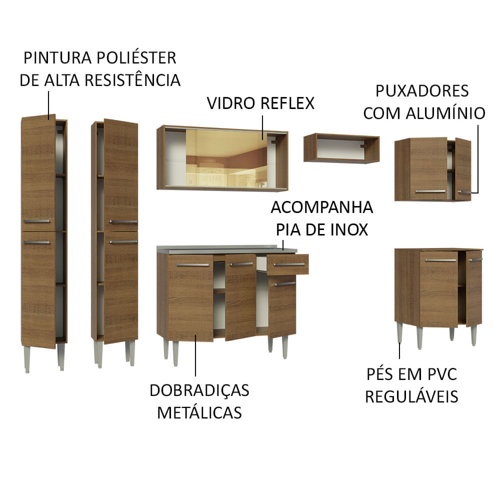 Cozinha Completa Emilly 10 Portas 1 Gaveta MDF 293cm Rustic com Pia Texturizado