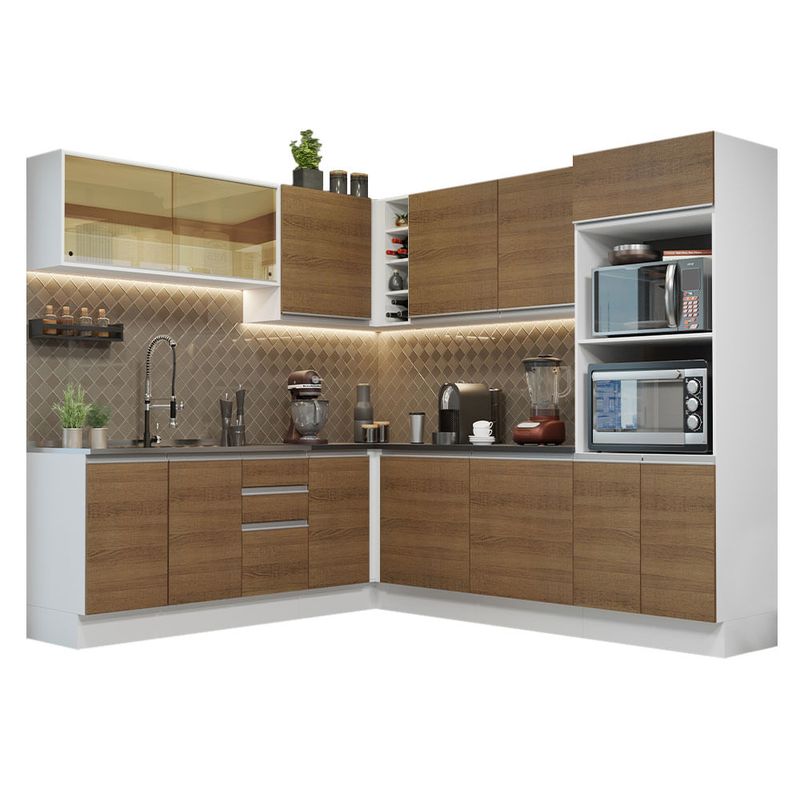 Armário de Cozinha Completa de Canto 100% MDF 448cm Branco/Rustic