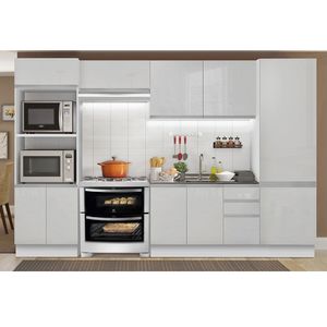 Armário de Cozinha Completa 100% MDF 330cm Frentes Branco Brilho Acordes Madesa XA02