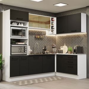 Armário de Cozinha Completa de Canto 399cm Branco Preto Agata Madesa 01